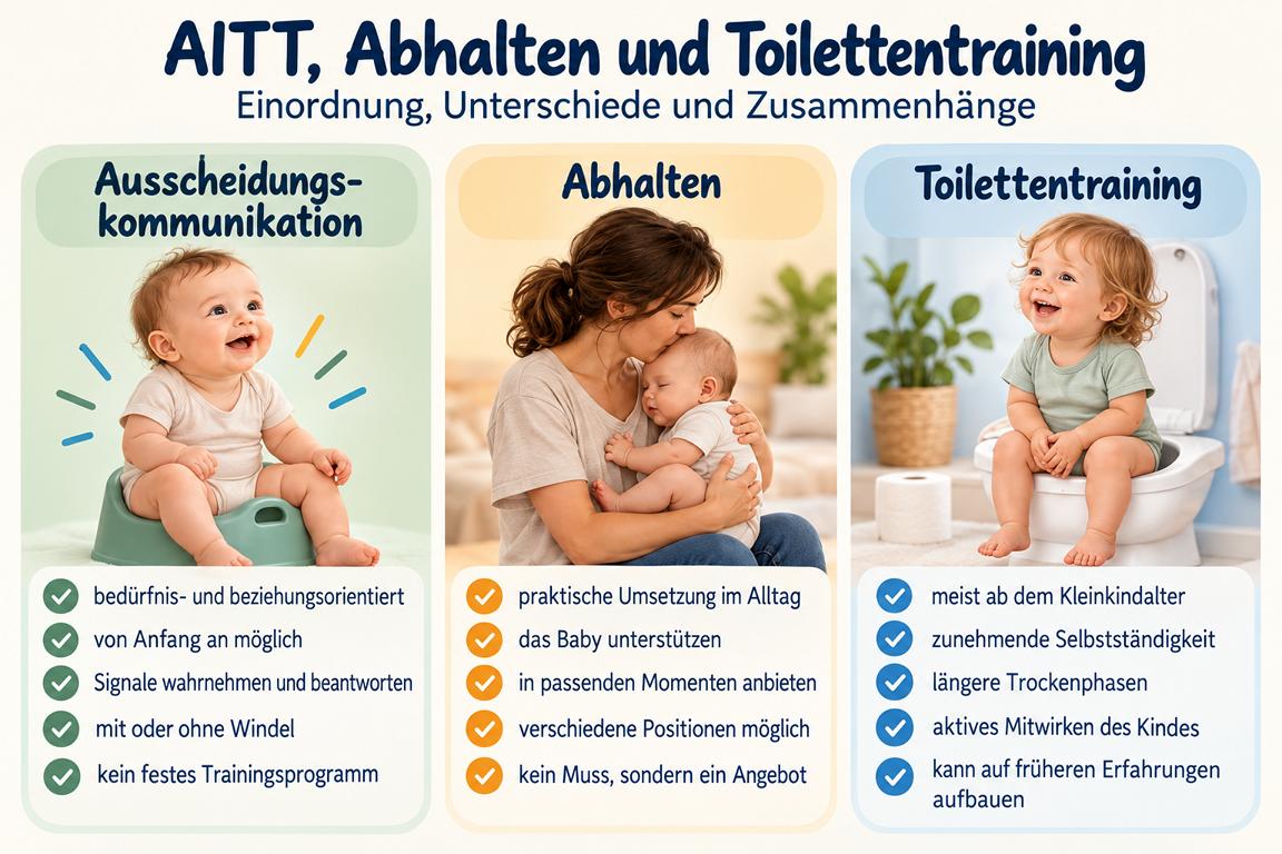 Infografik zu Ausscheidungskommunikation, Abhalten und Toilettentraining mit einer übersichtlichen Gegenüberstellung.