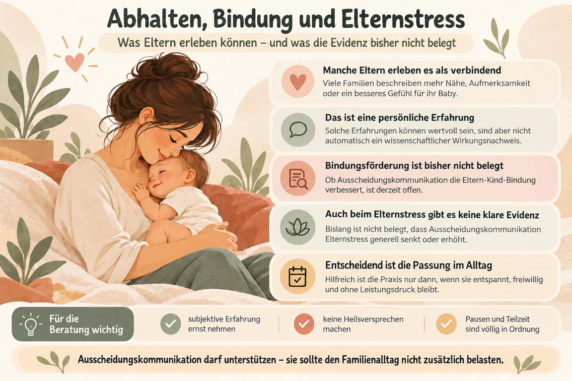 Infografik zu Abhalten, Bindung und Elternstress mit Einordnung persönlicher Erfahrungen und dem Hinweis, dass eine bindungsfördernde Wirkung und eine generelle Veränderung des Elternstresses bisher nicht belegt sind.