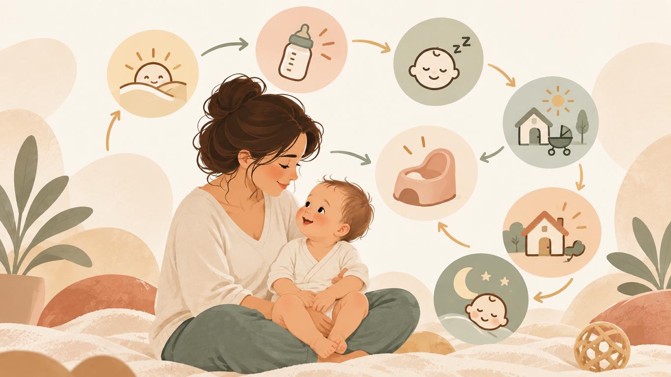Illustration eines Babys mit Töpfchen als Symbol für praktische Ausscheidungskommunikation im Alltag.