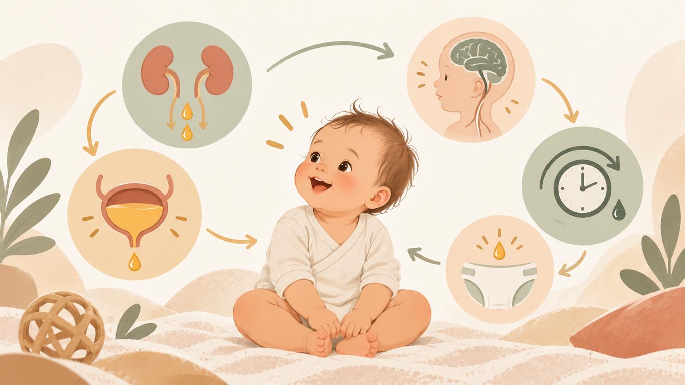 Illustration eines Babys mit vereinfachten Symbolen zu Blase, Darm und Ausscheidung.