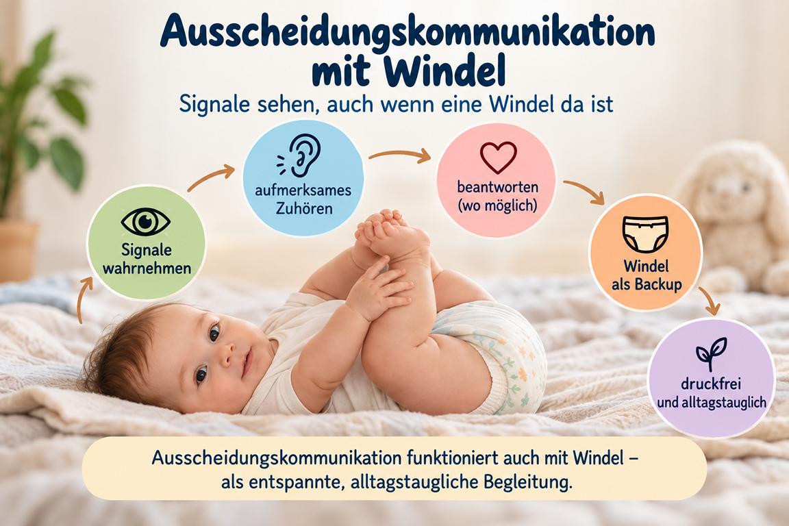 Infografik zur Ausscheidungskommunikation mit Windel als Backup und zur druckfreien Beobachtung von Signalen.