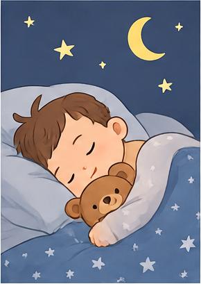 Gezeichnete Illustration eines schlafenden Babys in ruhiger nächtlicher Umgebung.