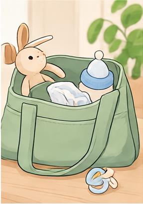 Gezeichnete Illustration einer gepackten Babytasche für unterwegs.