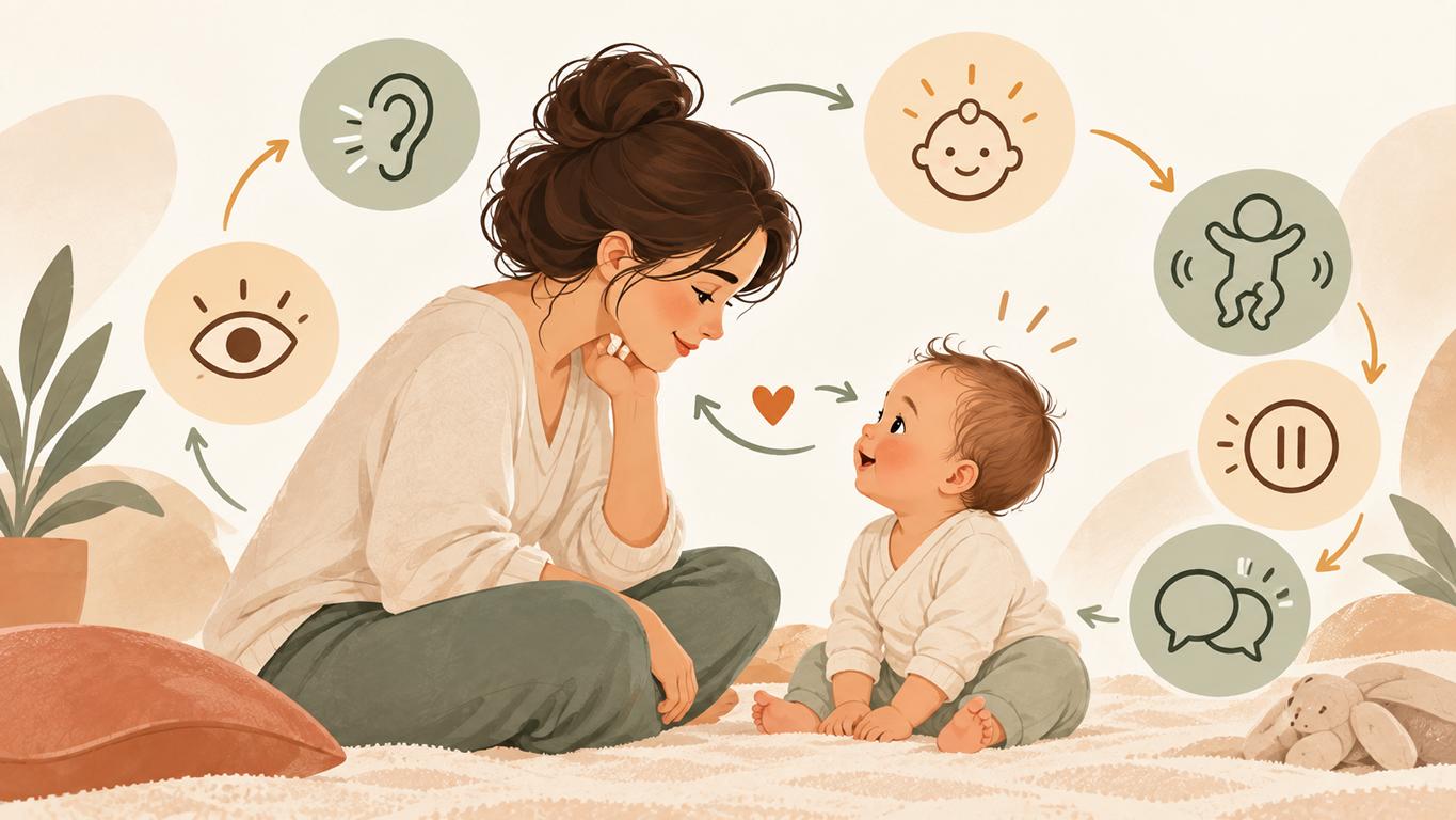 Illustration einer Bezugsperson und eines Babys mit Symbolen für Beobachtung, Signale und Kommunikation.