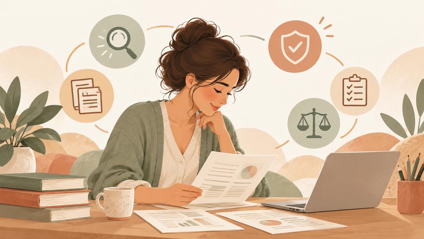 Illustration einer Fachperson bei der Prüfung von Fachinformationen, mit Symbolen für Evidenz, Sicherheit und Abwägung.