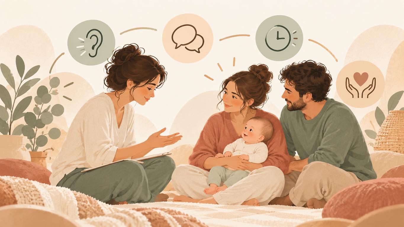 Illustration einer Fachperson im Gespräch mit Eltern und Baby über Ausscheidungskommunikation.