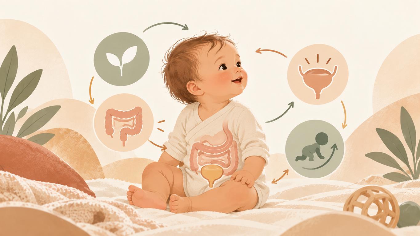 Illustration eines Babys mit vereinfachten Symbolen zu Entwicklung, Darm und Blase.