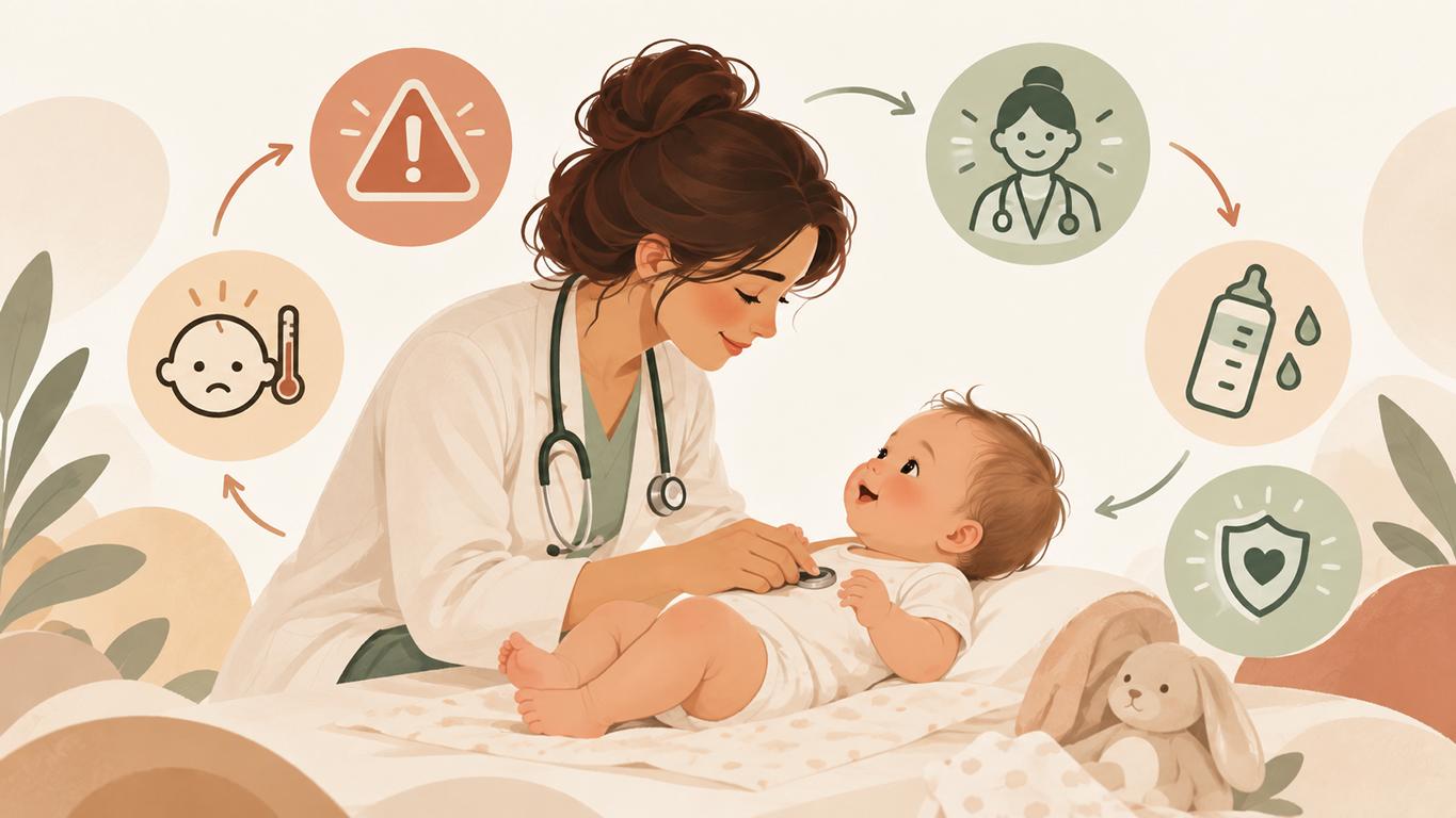 Illustration einer medizinischen Fachperson mit Baby sowie Symbolen für Warnzeichen, Abklärung und Schutz.