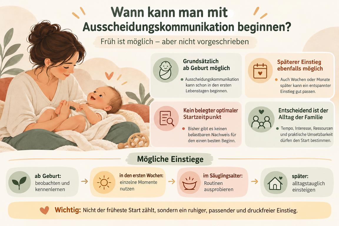 Infografik zum Start mit Ausscheidungskommunikation: ab Geburt möglich, späterer Einstieg ebenfalls möglich, kein belegter optimaler Startzeitpunkt.
